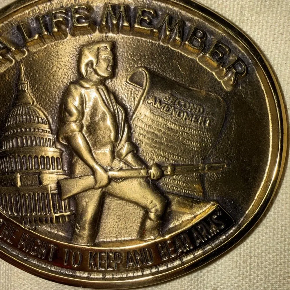 Vintage NRA Life Member Brass Belt Buckle 2nd Amendment Right to Keep Bear Arms